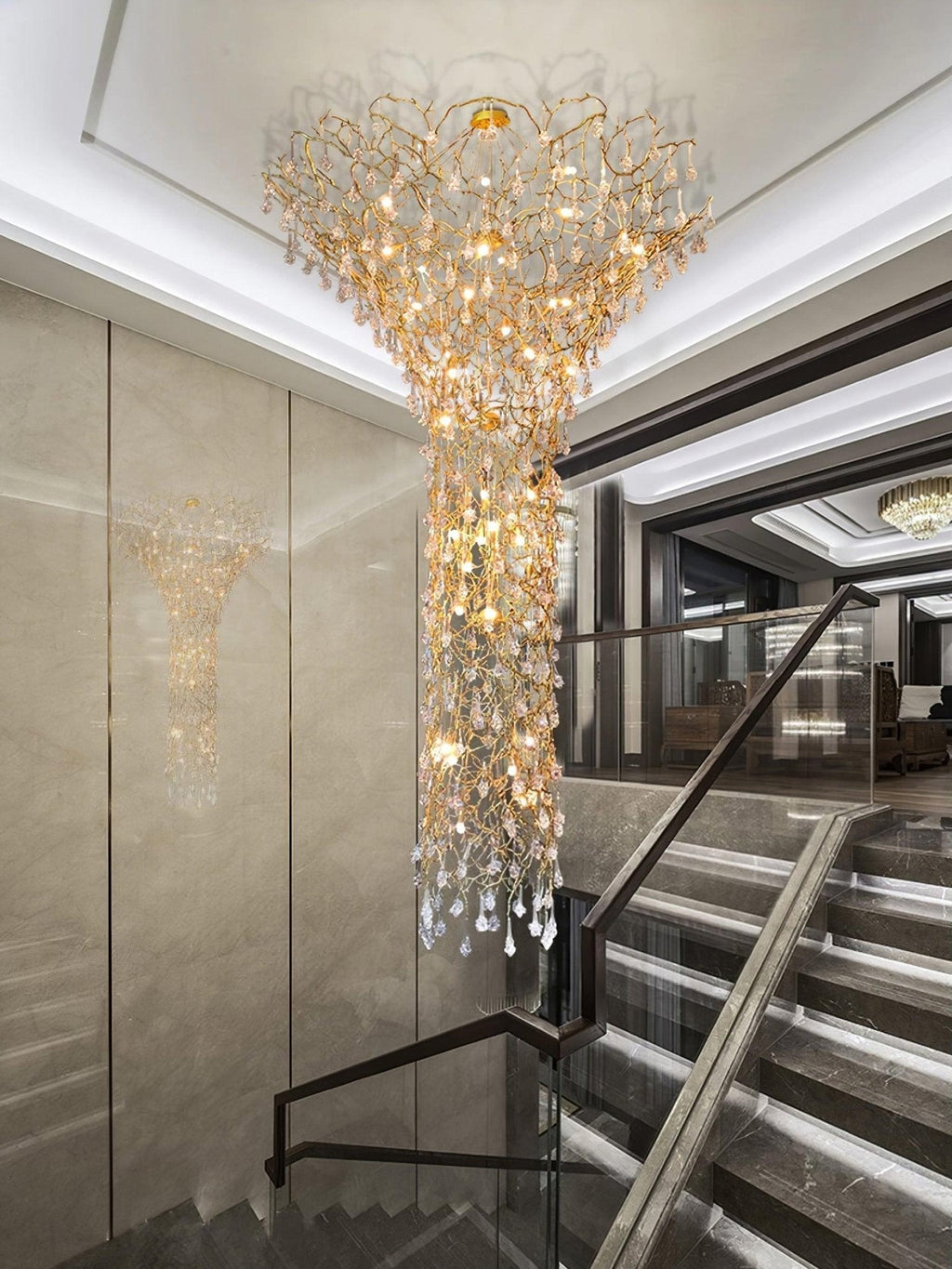 Abeleisa Tree Branch Staircase Brass Crystal Chandelier