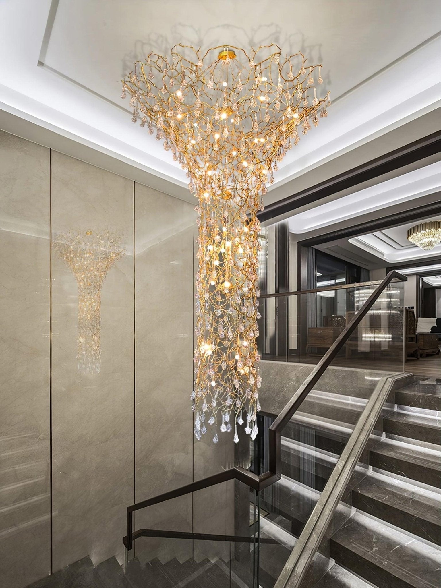 Abeleisa Tree Branch Staircase Brass Crystal Chandelier