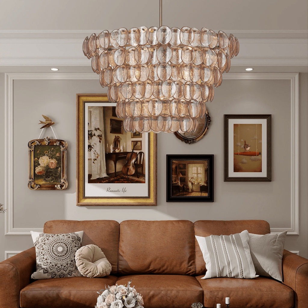 Aurora Chandelier Large Amber Glass Disc Fish Scale Brass