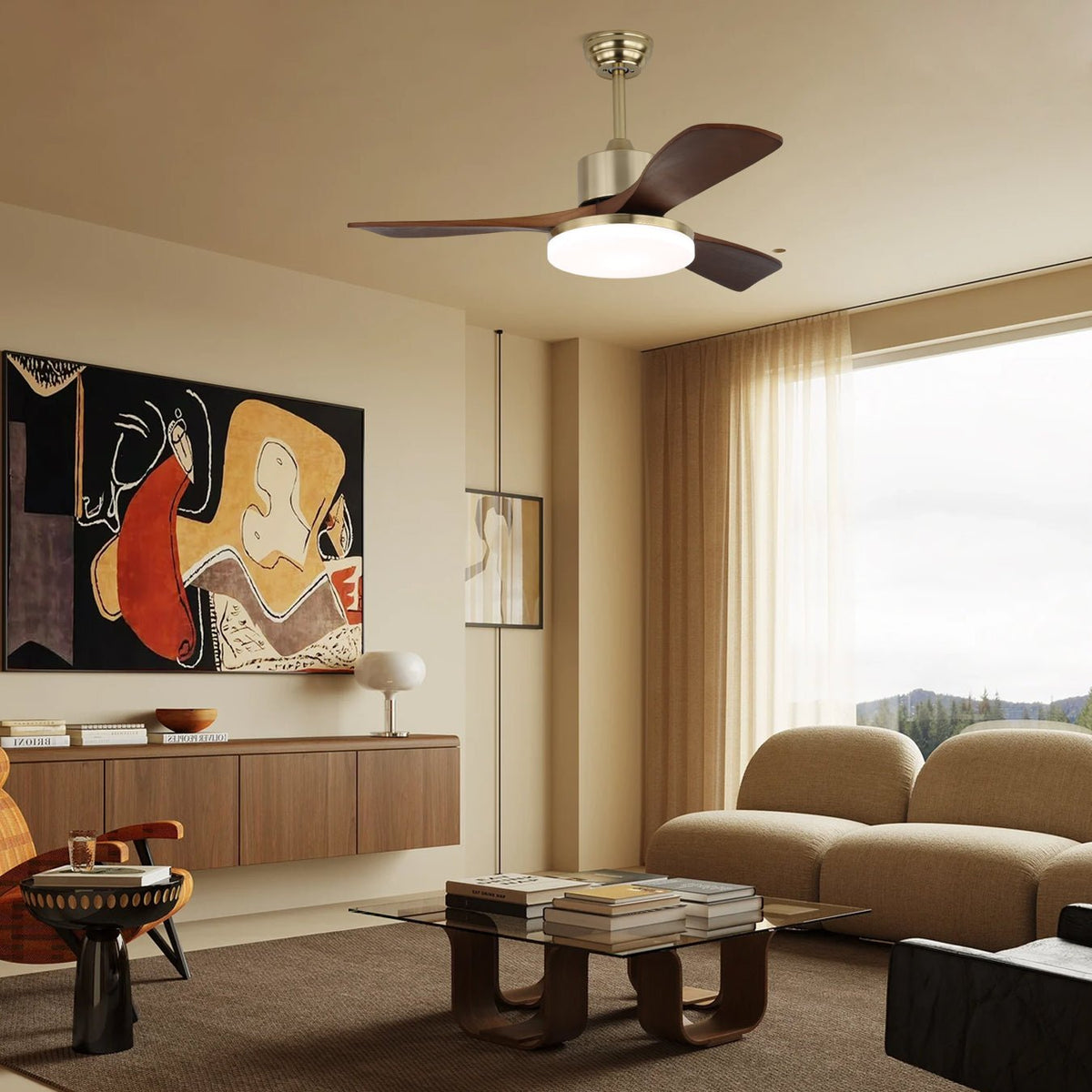 Selora Brass Wood Ceiling Fan Light