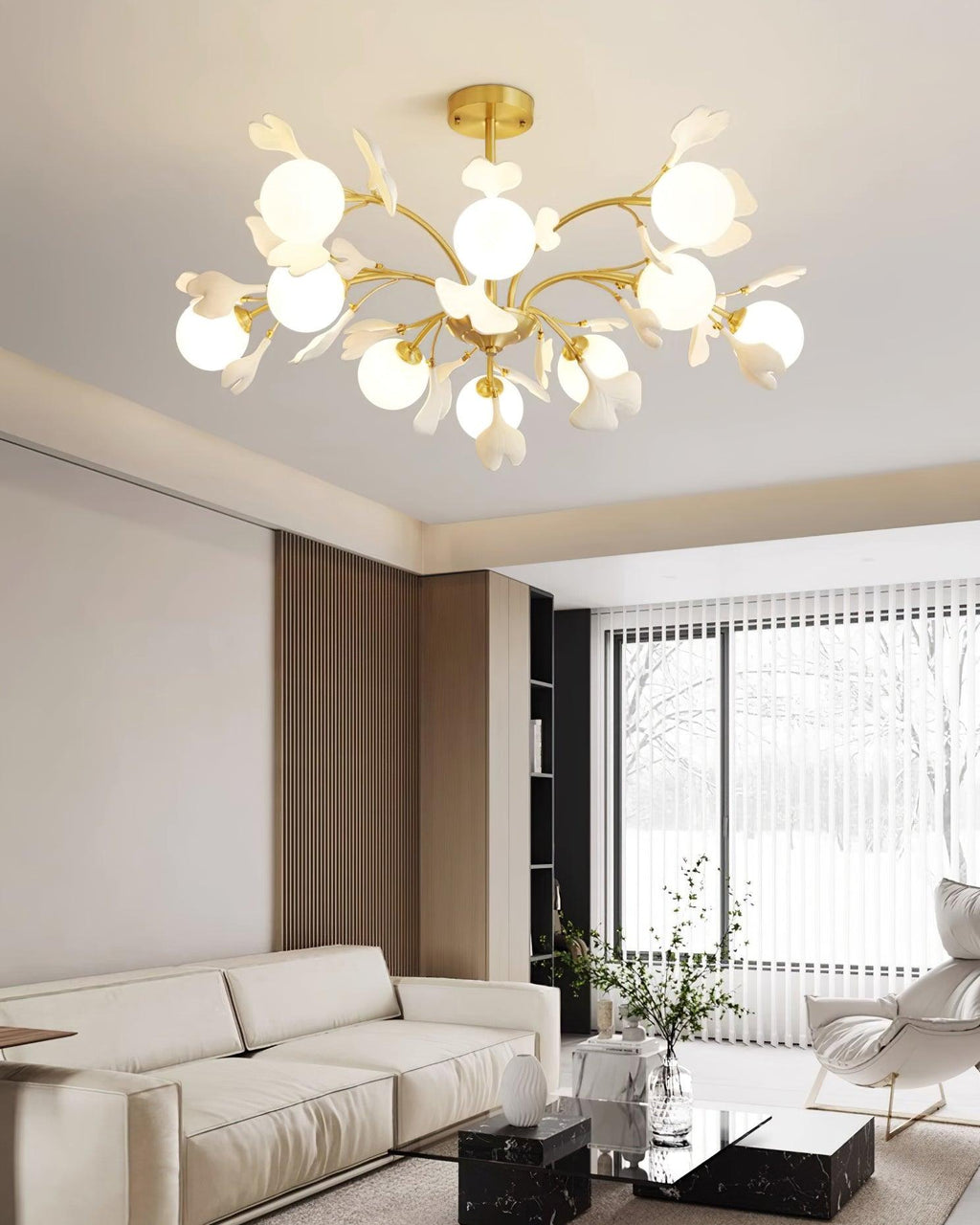Ginkgo Leaf Chandelier with Frosted Glass Globes