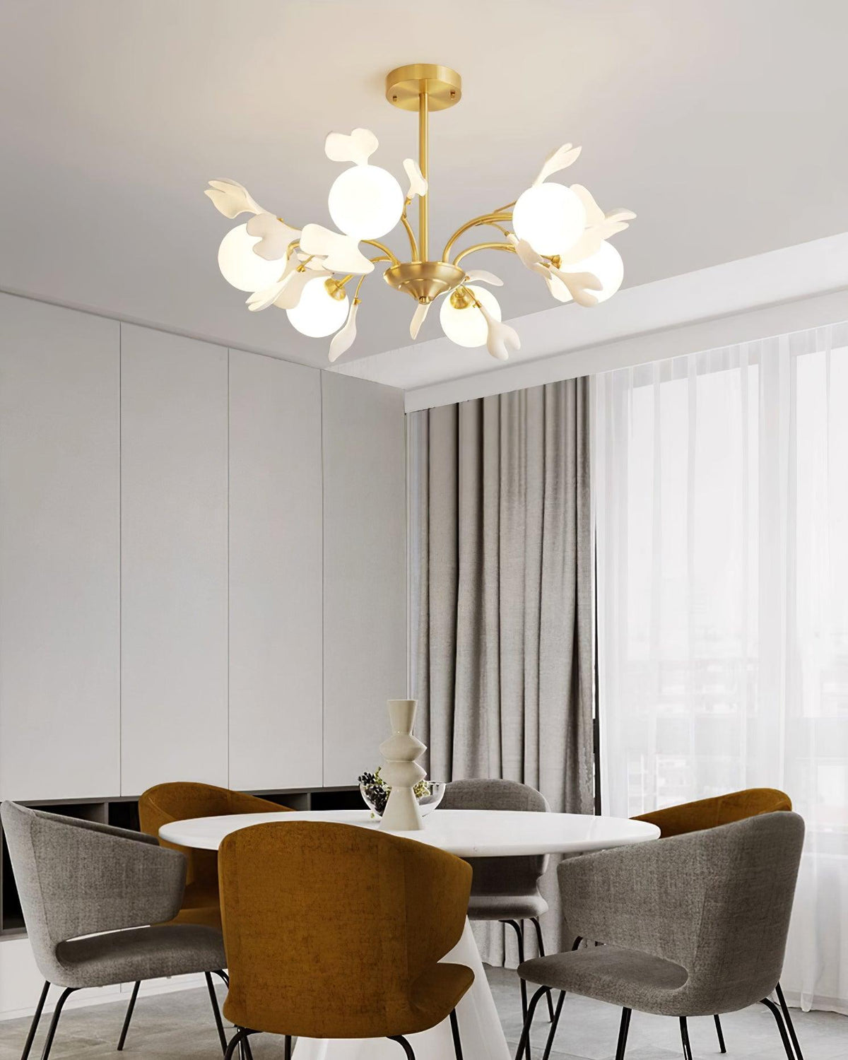 Ginkgo Leaf Chandelier with Frosted Glass Globes