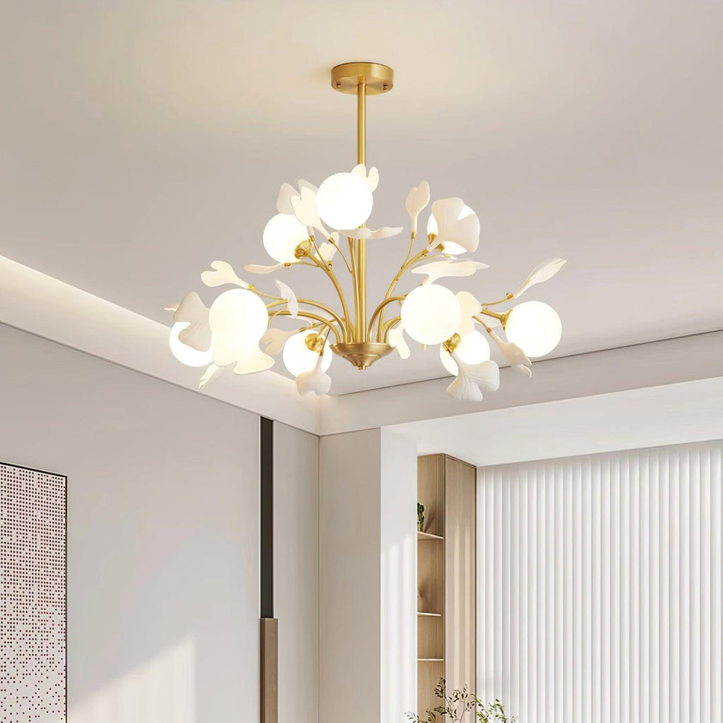 Ginkgo Leaf Chandelier with Frosted Glass Globes