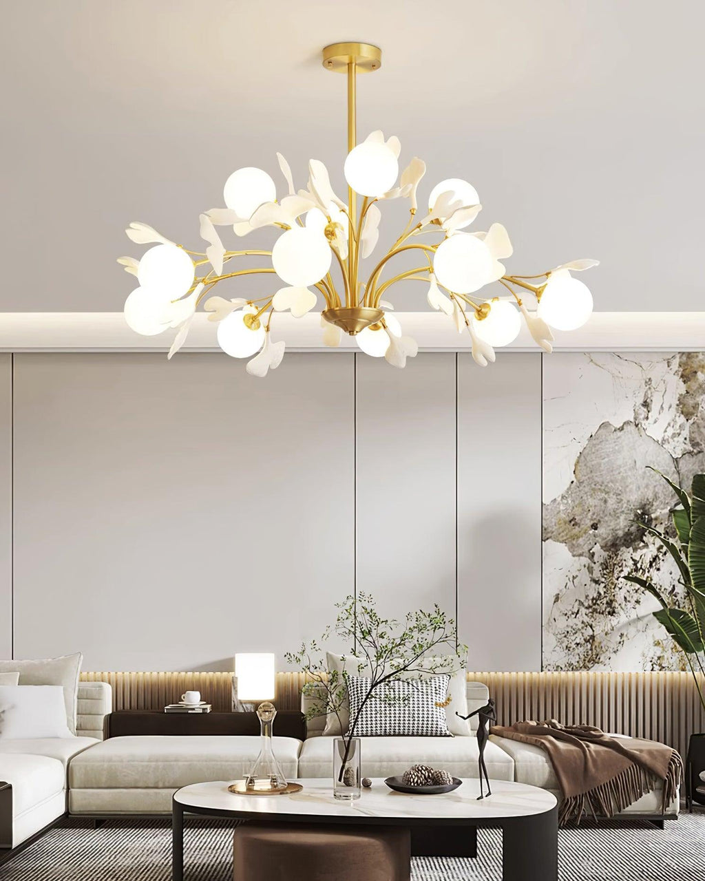 Ginkgo Leaf Chandelier with Frosted Glass Globes