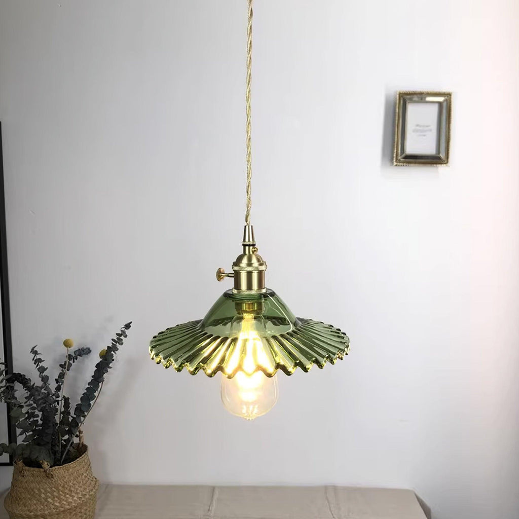 Pendant Lamp Ruffled Glass Shade Scalloped Edge Brass Accents Retro