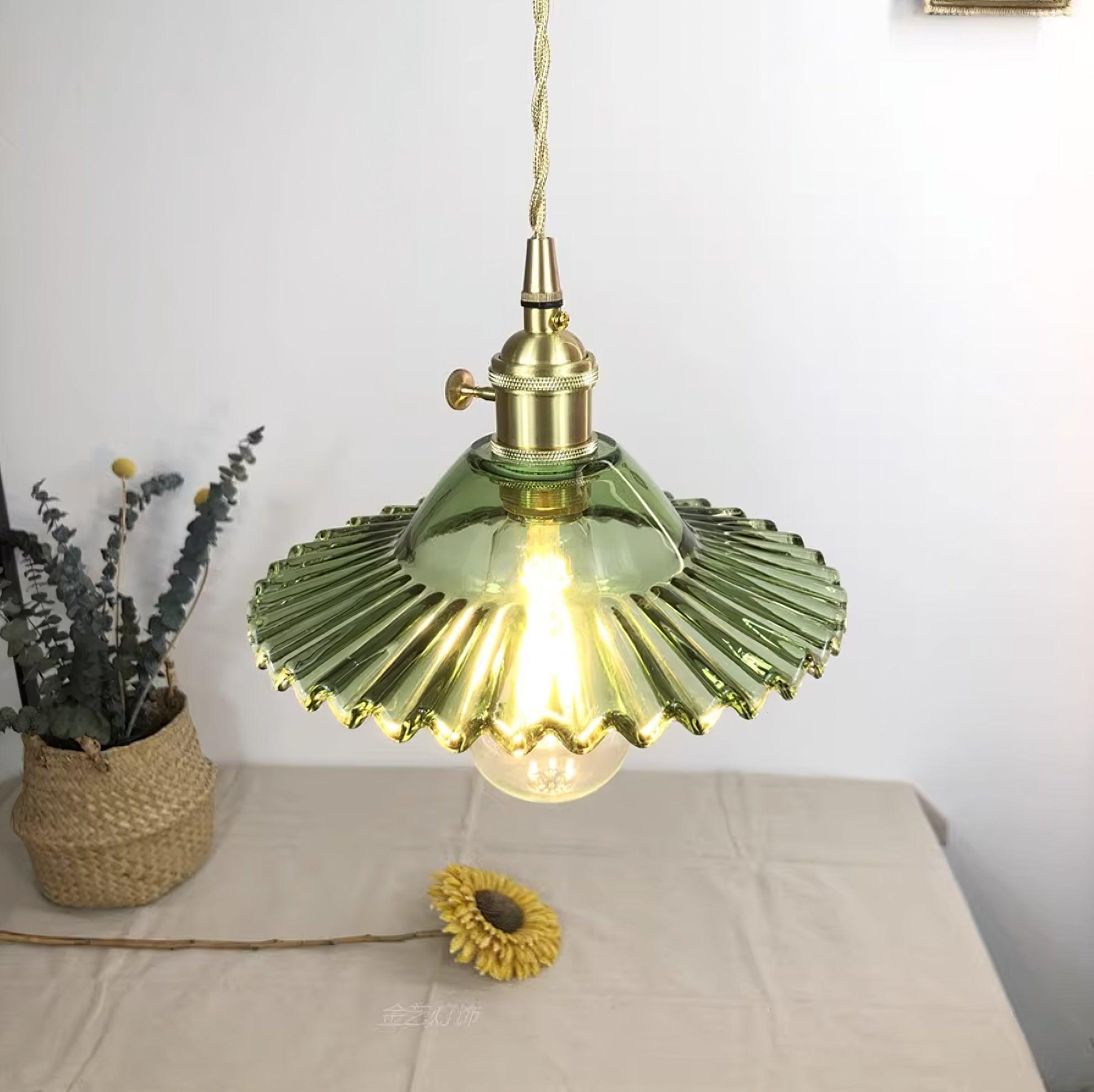 Pendant Lamp Ruffled Glass Shade Scalloped Edge Brass Accents Retro