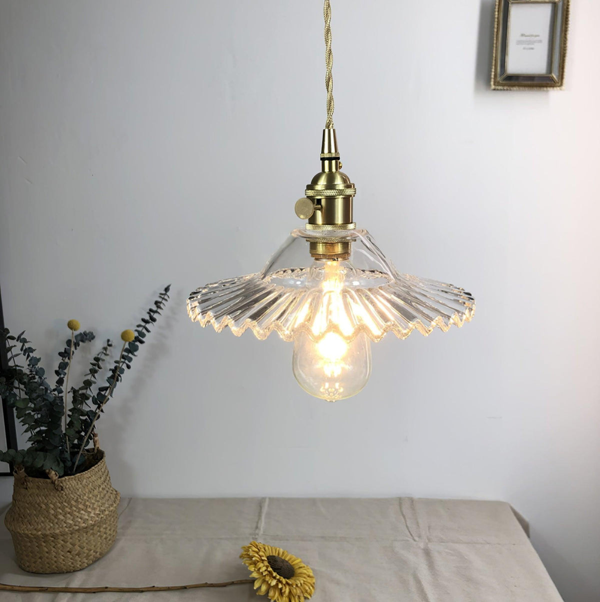 Pendant Lamp Ruffled Glass Shade Scalloped Edge Brass Accents Retro