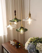 Pendant Lamp Ruffled Glass Shade Scalloped Edge Brass Accents Retro
