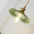 Pendant Lamp Ruffled Glass Shade Scalloped Edge Brass Accents Retro
