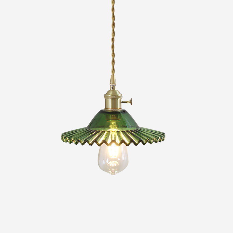 Pendant Lamp Ruffled Glass Shade Scalloped Edge Brass Accents Retro