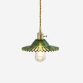 Pendant Lamp Ruffled Glass Shade Scalloped Edge Brass Accents Retro
