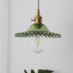 Pendant Lamp Ruffled Glass Shade Scalloped Edge Brass Accents Retro