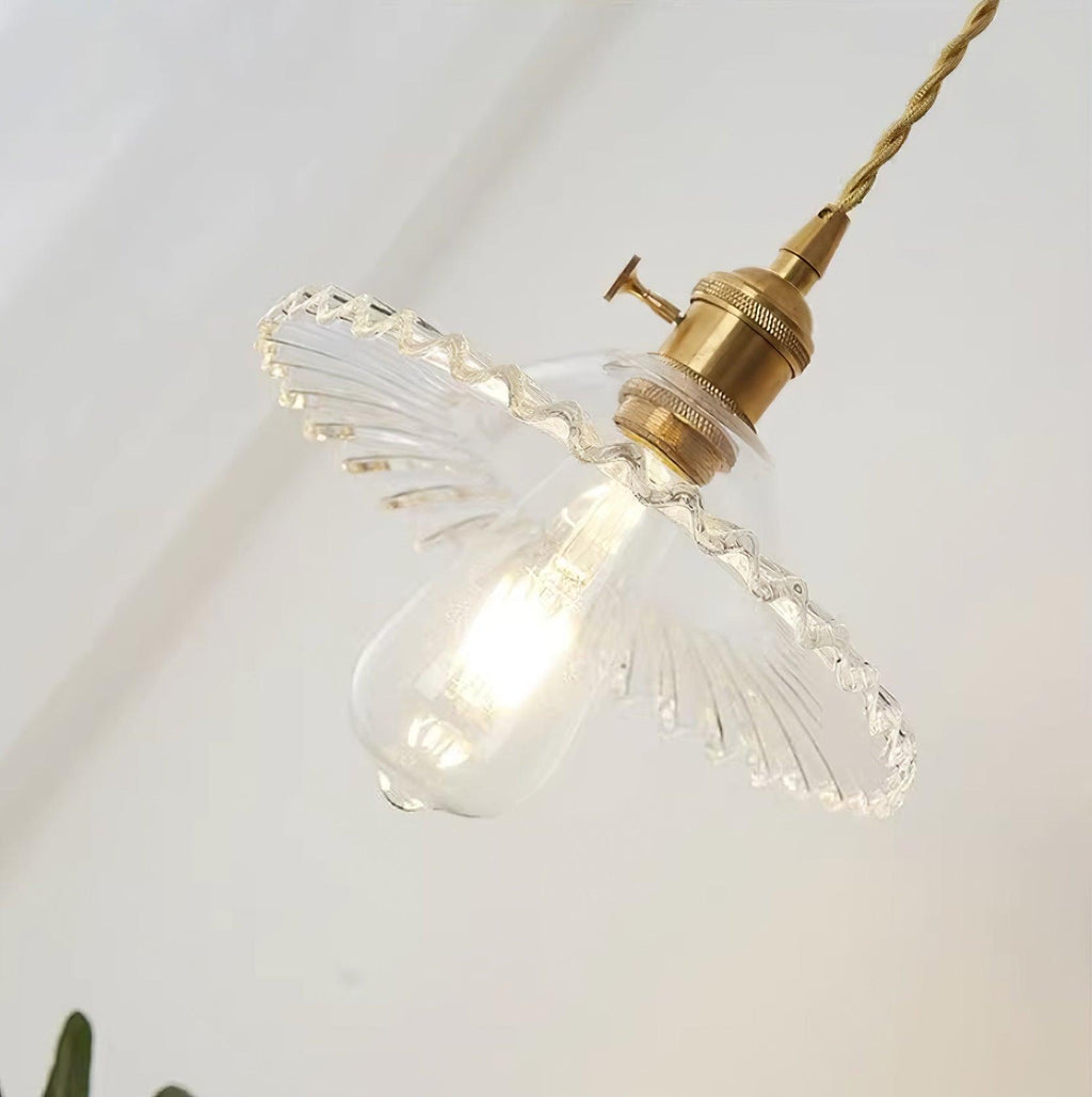 Pendant Lamp Ruffled Glass Shade Scalloped Edge Brass Accents Retro