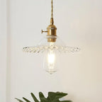 Pendant Lamp Ruffled Glass Shade Scalloped Edge Brass Accents Retro