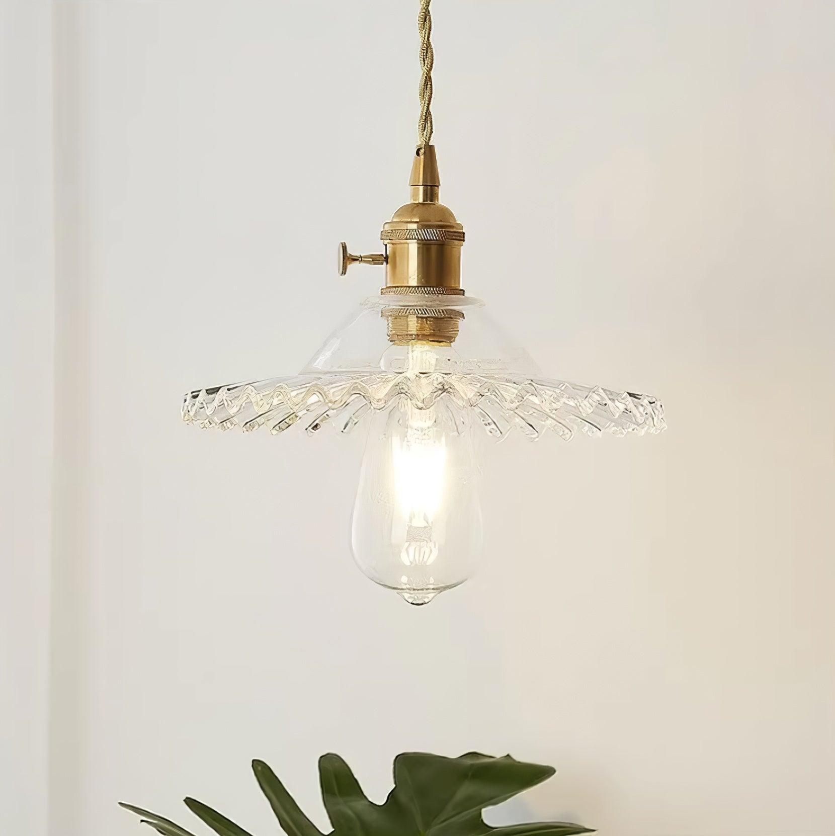 Pendant Lamp Ruffled Glass Shade Scalloped Edge Brass Accents Retro