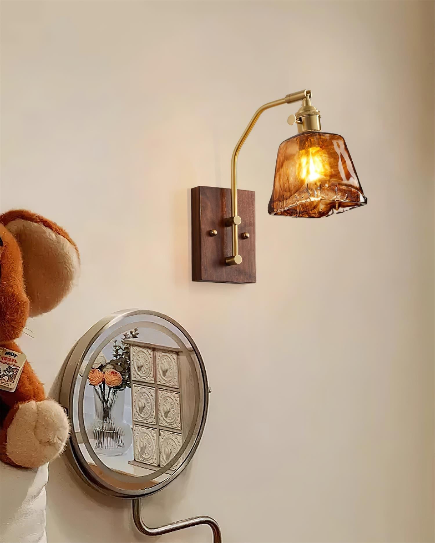 Wall Lamp Brass and Glass with Wood Backplate Vintage Artisan