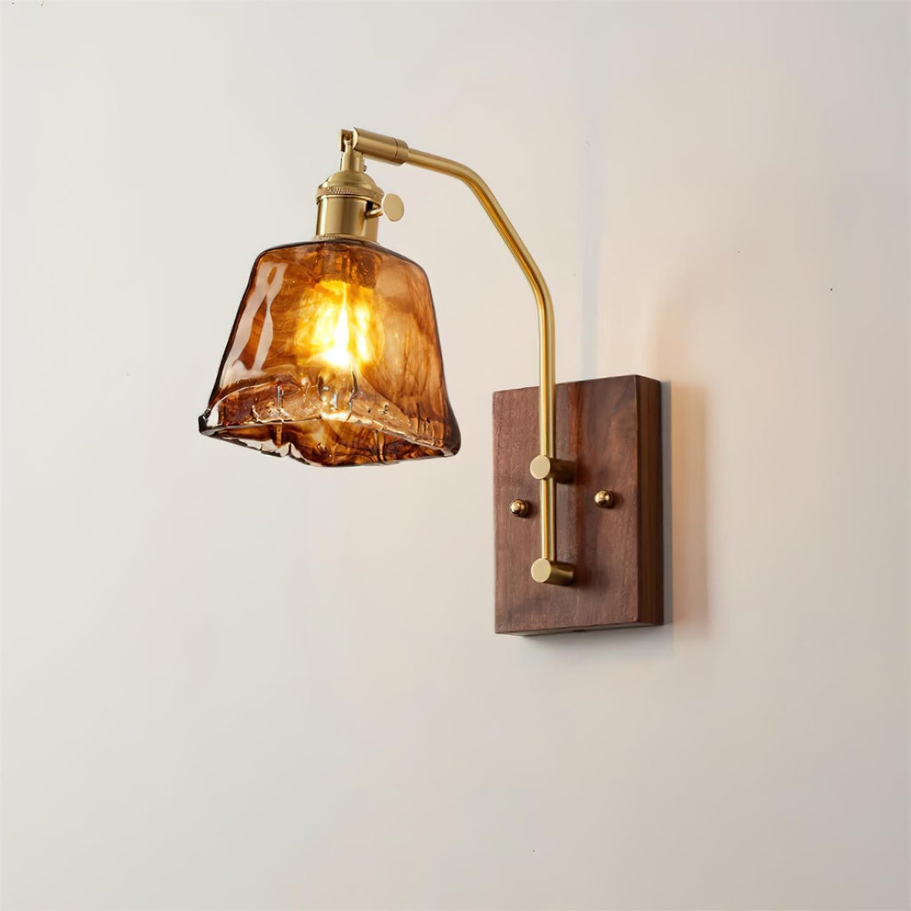Wall Lamp Brass and Glass with Wood Backplate Vintage Artisan