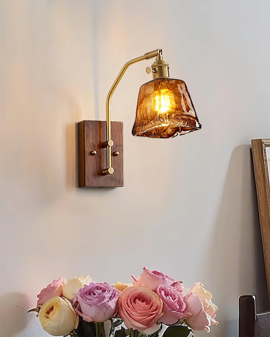 Wall Lamp Brass and Glass with Wood Backplate Vintage Artisan