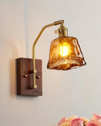 Wall Lamp Brass and Glass with Wood Backplate Vintage Artisan