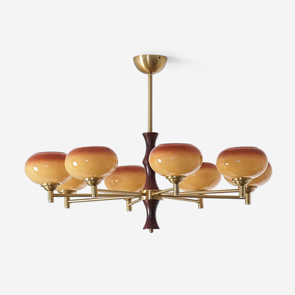 Chandelier Caramel Glass Globes Walnut Wood Arms Vintage
