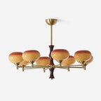 Chandelier Caramel Glass Globes Walnut Wood Arms Vintage