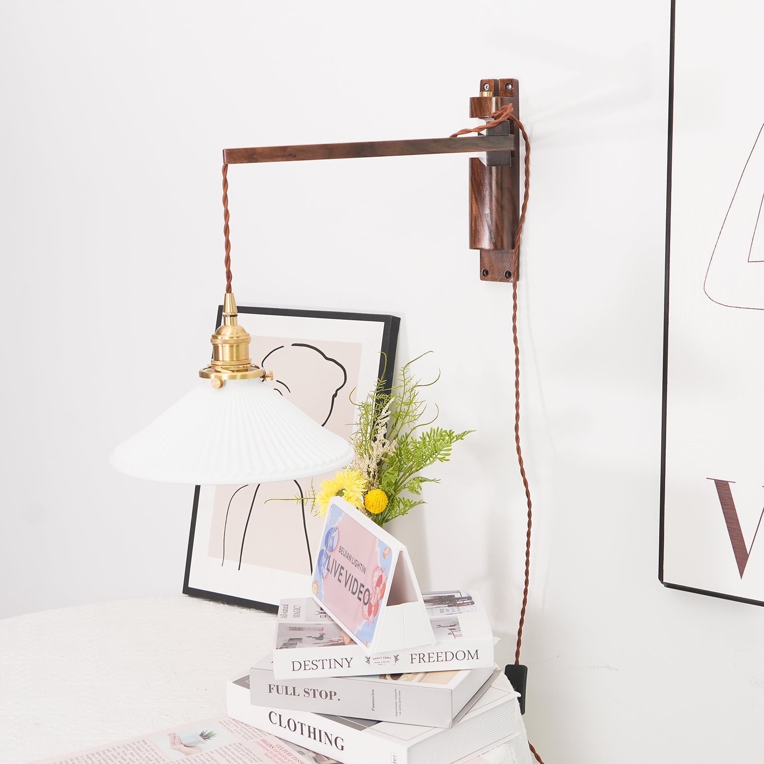 Illaee Nordic Art Swing Arm Walnut Ceramic Wall Light