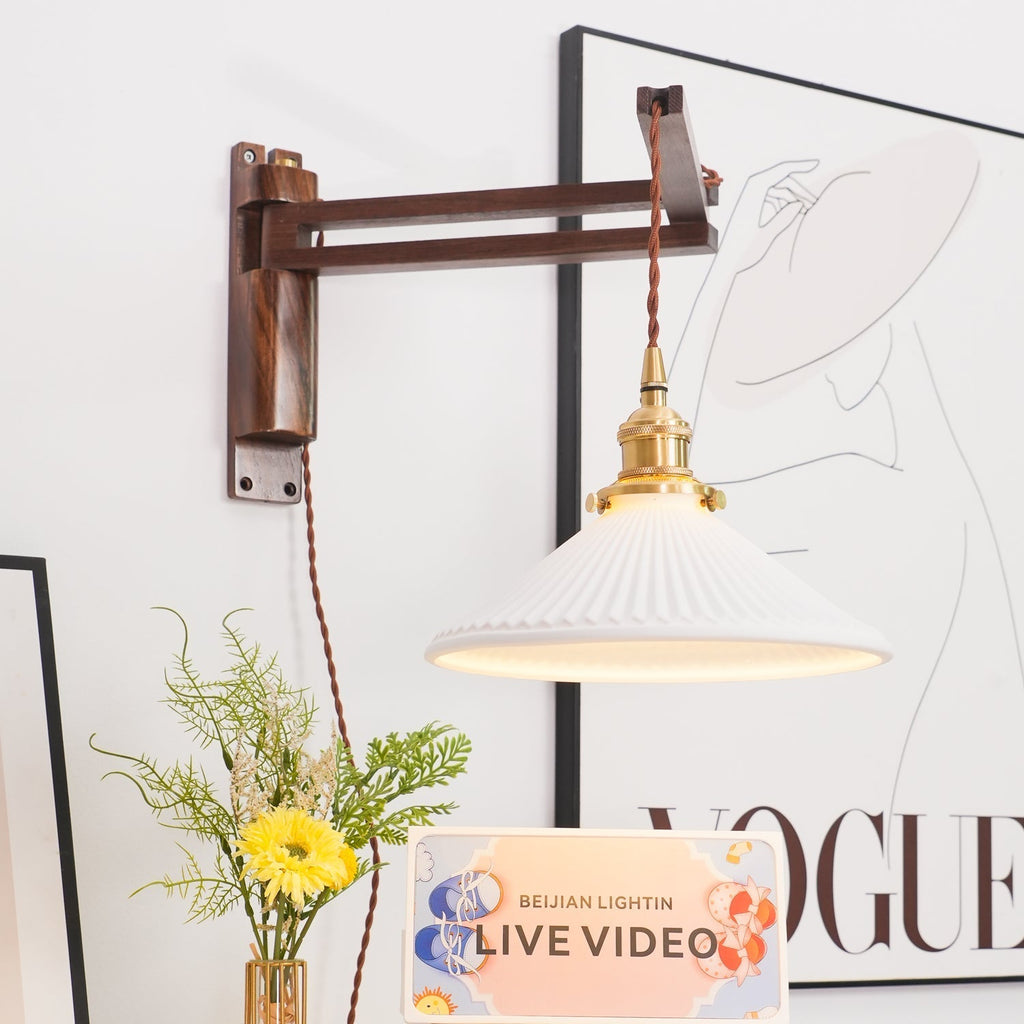Illaee Nordic Art Swing Arm Walnut Ceramic Wall Light