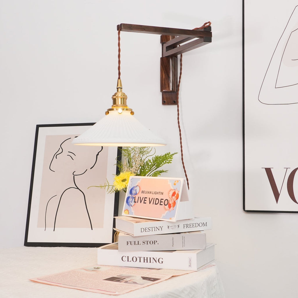 Illaee Nordic Art Swing Arm Walnut Ceramic Wall Light