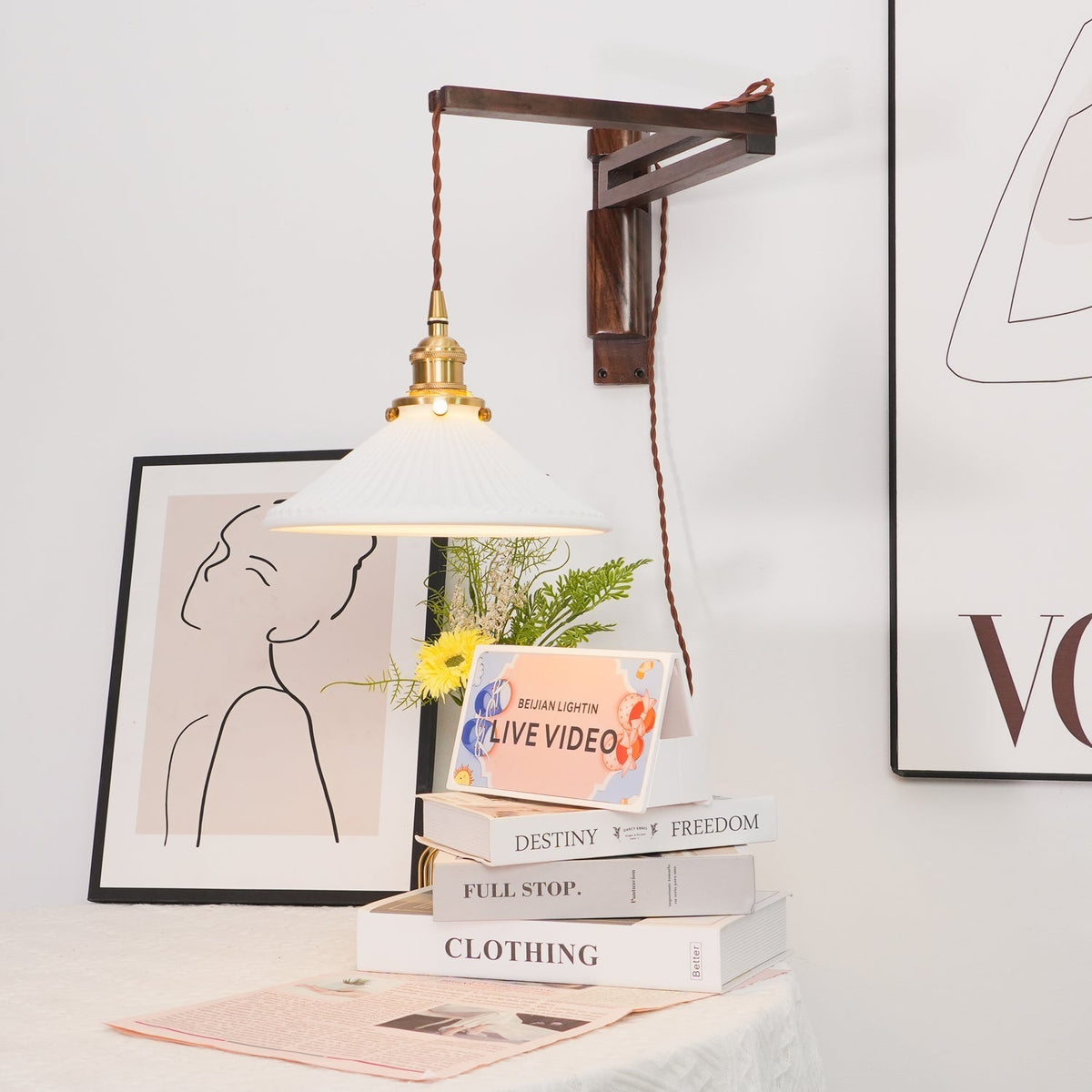 Illaee Nordic Art Swing Arm Walnut Ceramic Wall Light