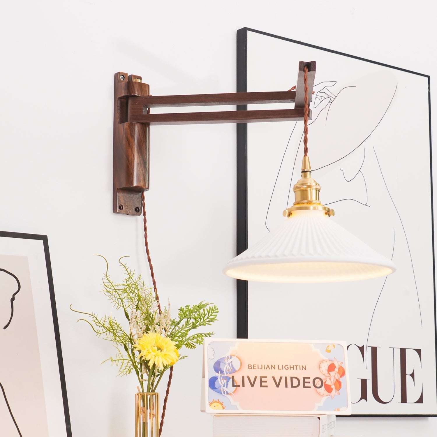 Illaee Nordic Art Swing Arm Walnut Ceramic Wall Light