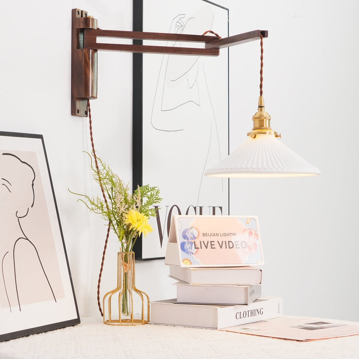 Illaee Nordic Art Swing Arm Walnut Ceramic Wall Light