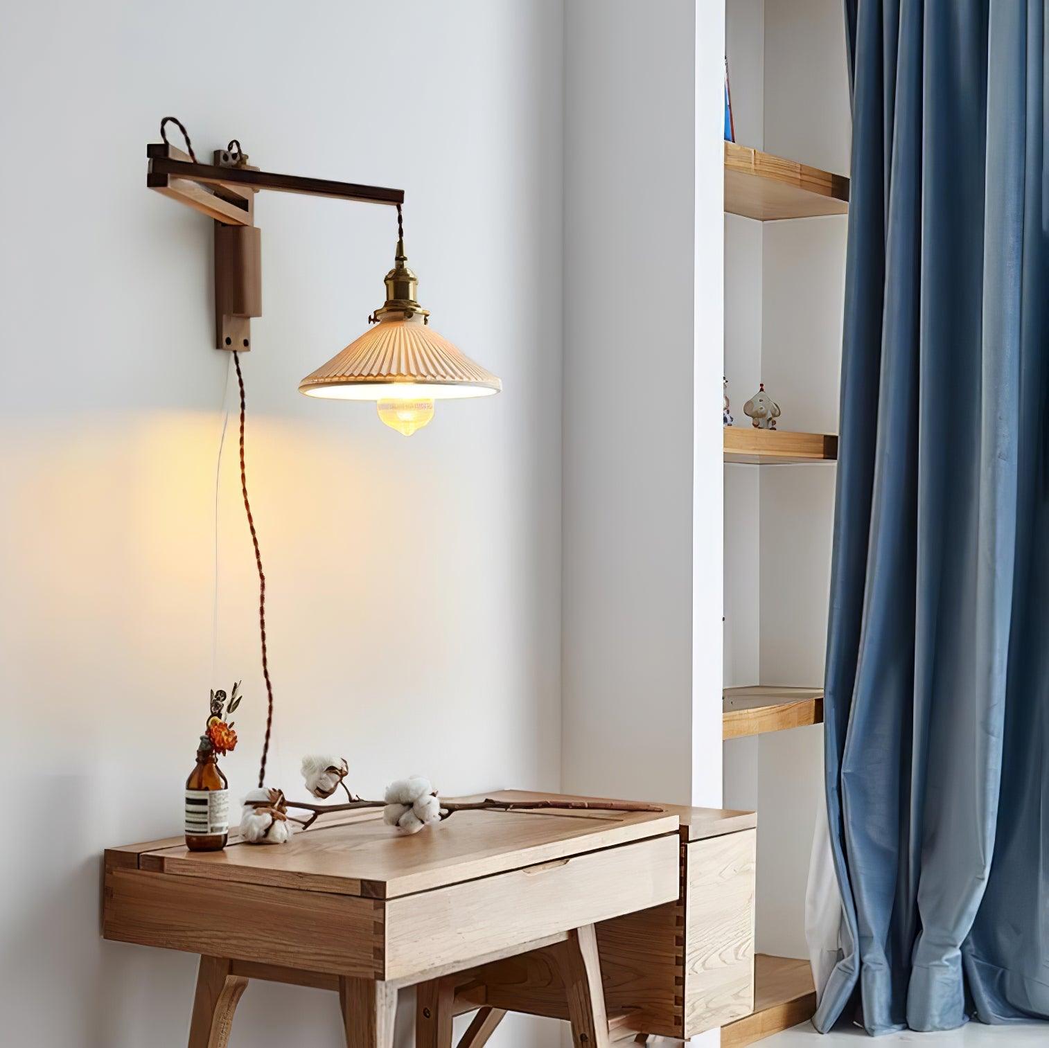 Orphaarae Nordic Art Swing Arm Walnut Ceramic Wall Lamp