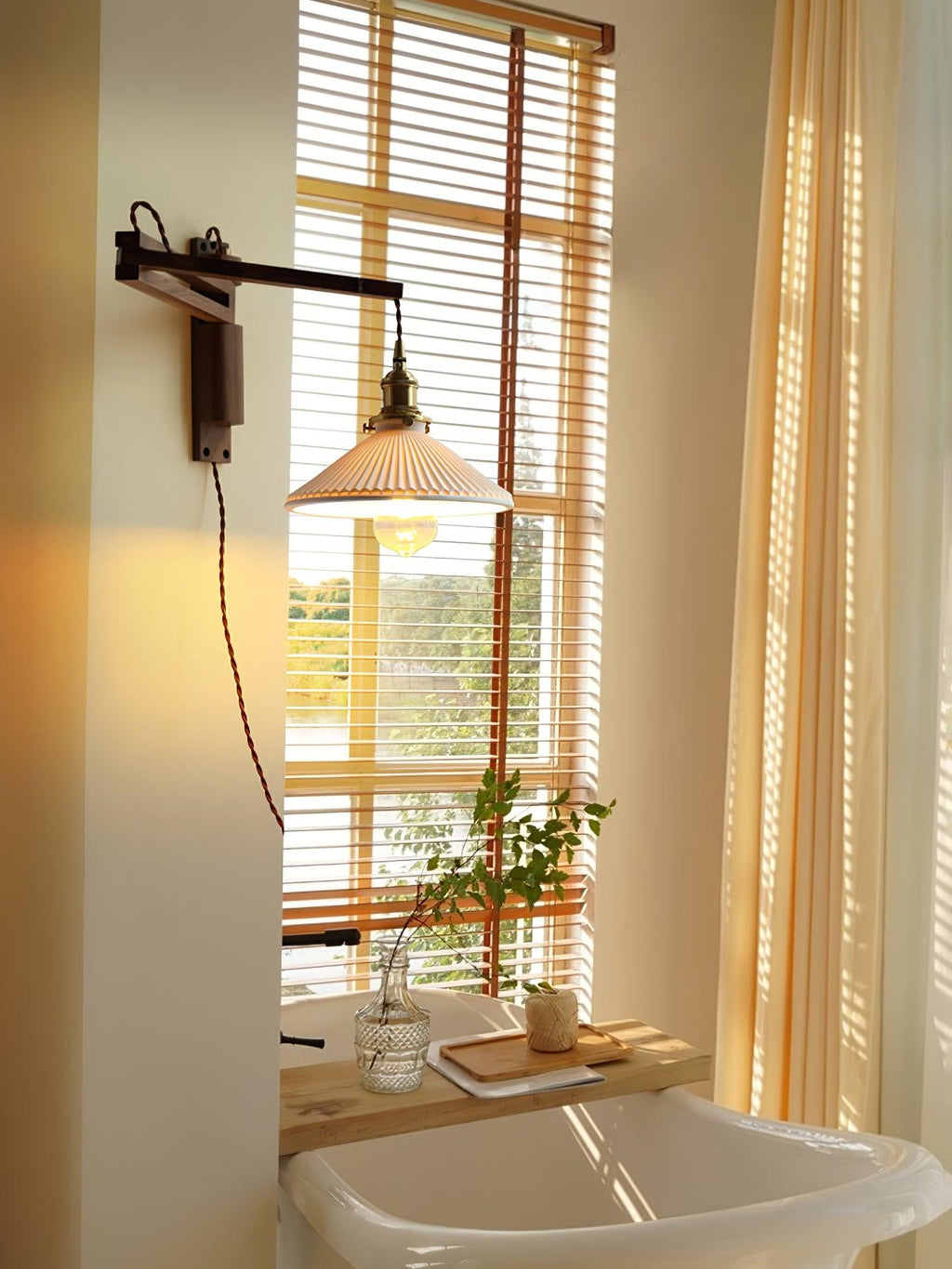 Orphaarae Nordic Art Swing Arm Walnut Ceramic Wall Lamp