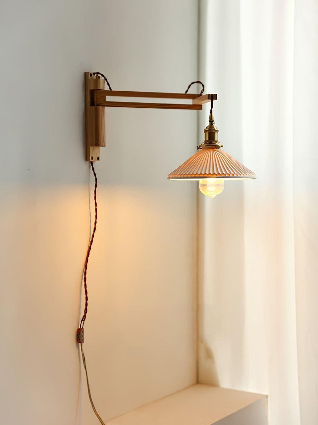 Orphaarae Nordic Art Swing Arm Walnut Ceramic Wall Lamp