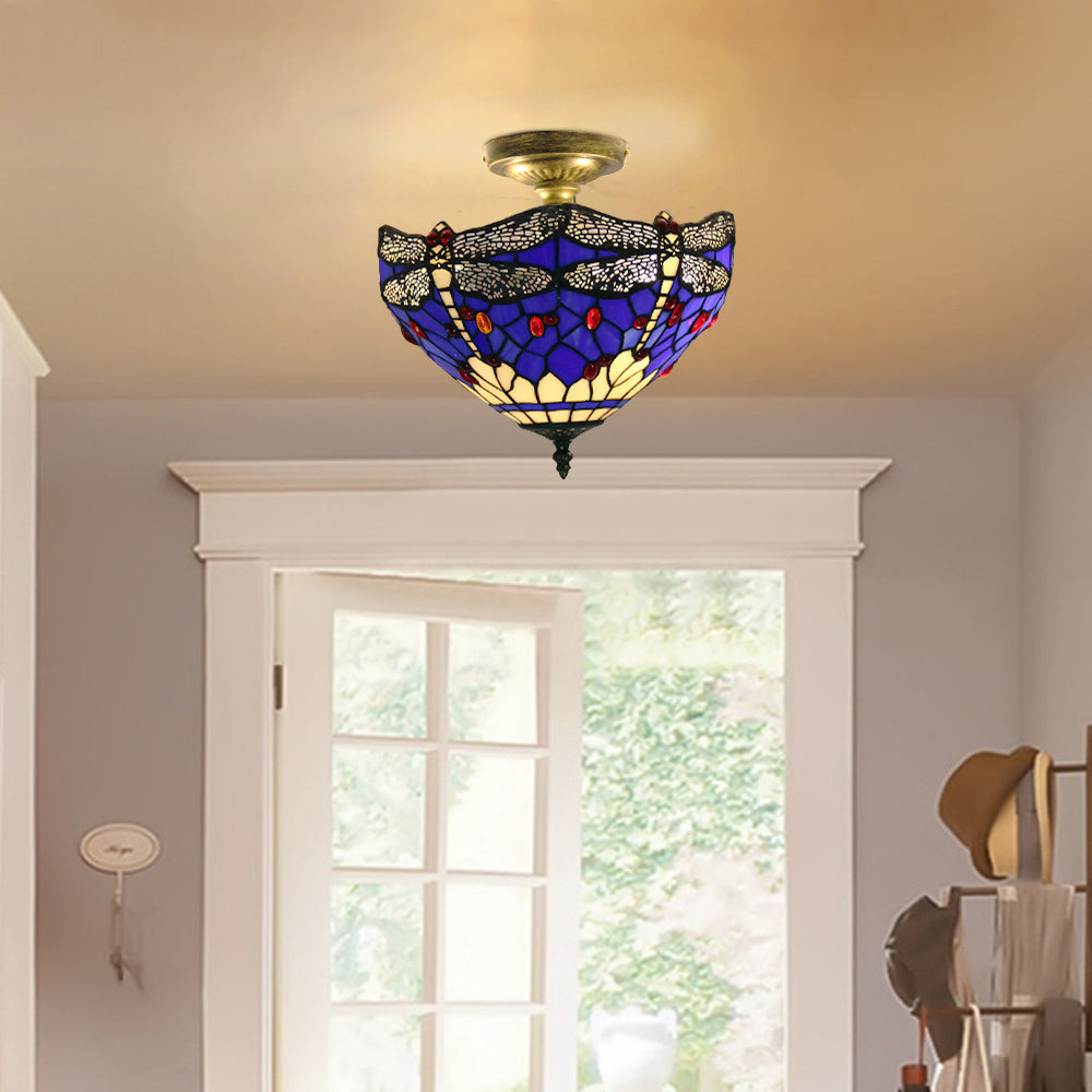 Tiffany Vintage Flush Mount Ceiling Light Blue Dragonfly Living Room