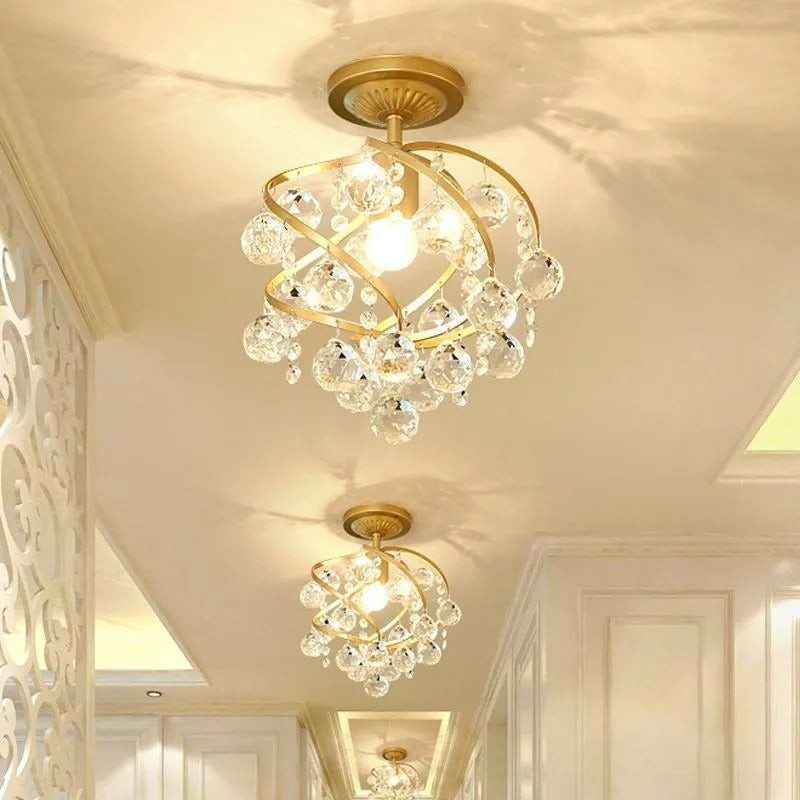 Kristy Luxury Globe Crystal Semi-Flush Mount Ceiling Light, Brass