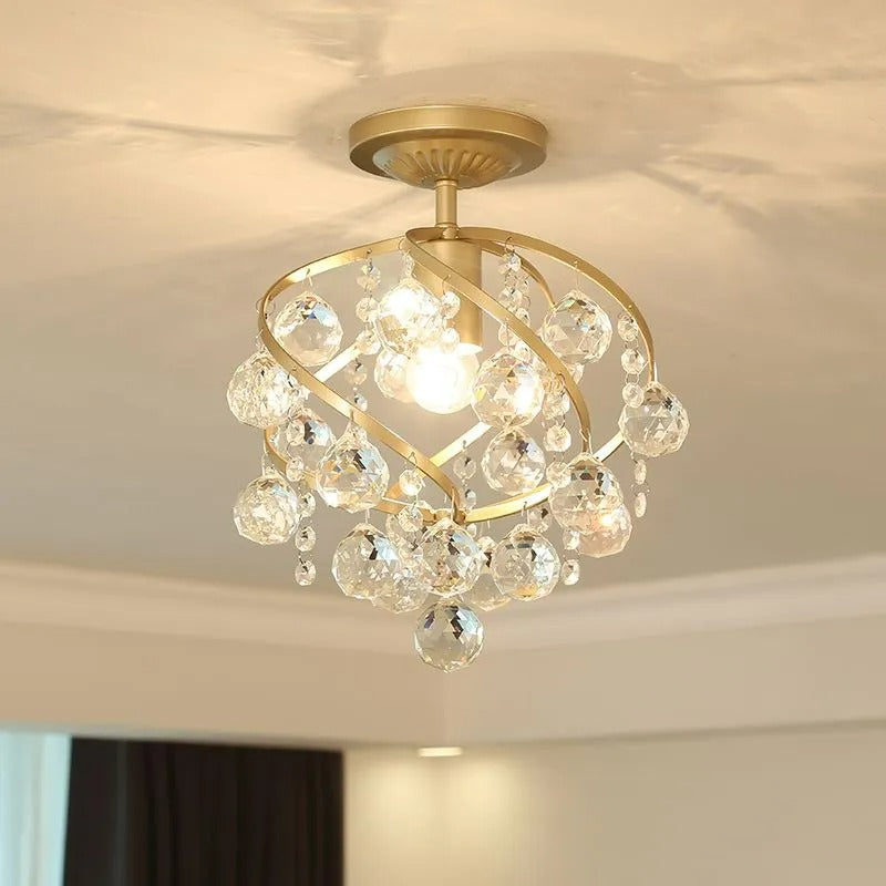 Kristy Luxury Globe Crystal Semi-Flush Mount Ceiling Light, Brass