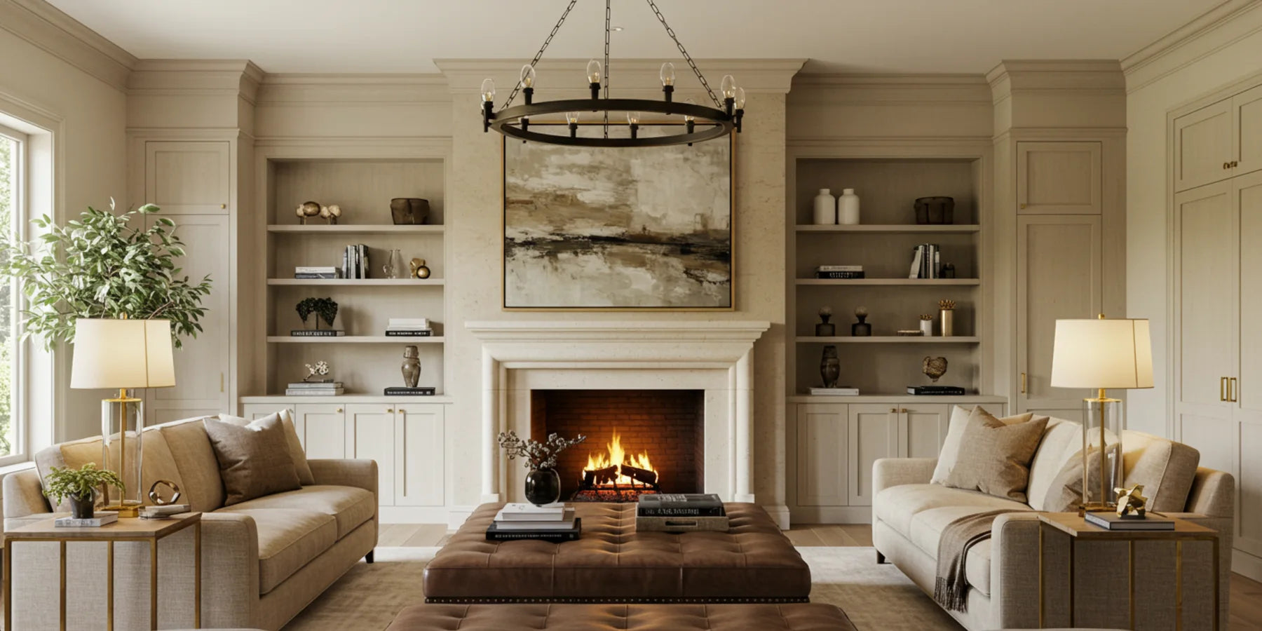 Sculptural chandelier in an elegant living room